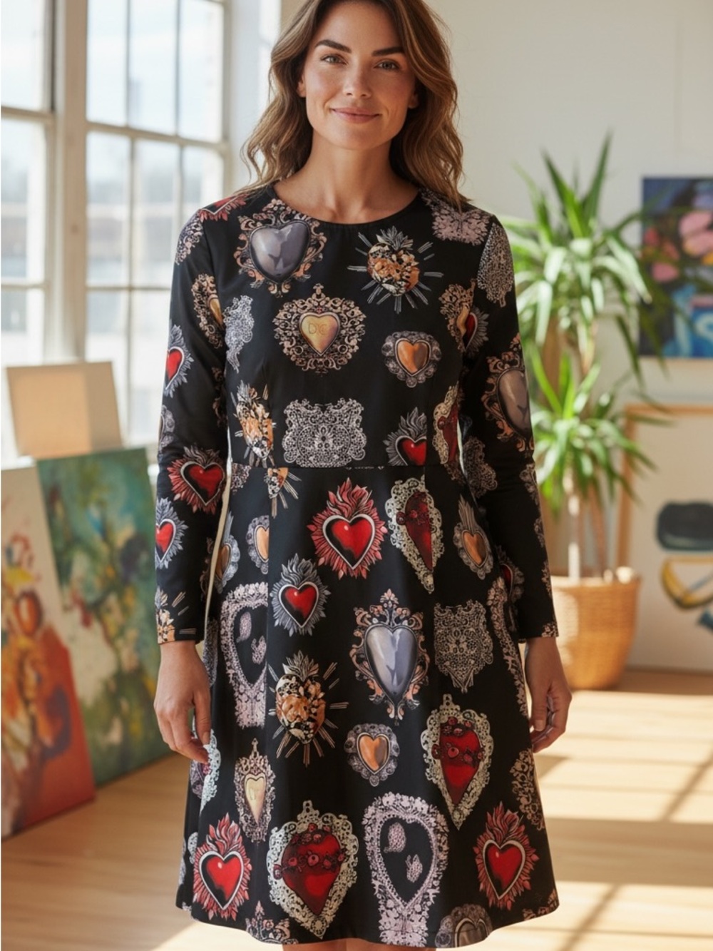Women’s Black Heart Print Long Sleeve A-Line Dress sacred heart